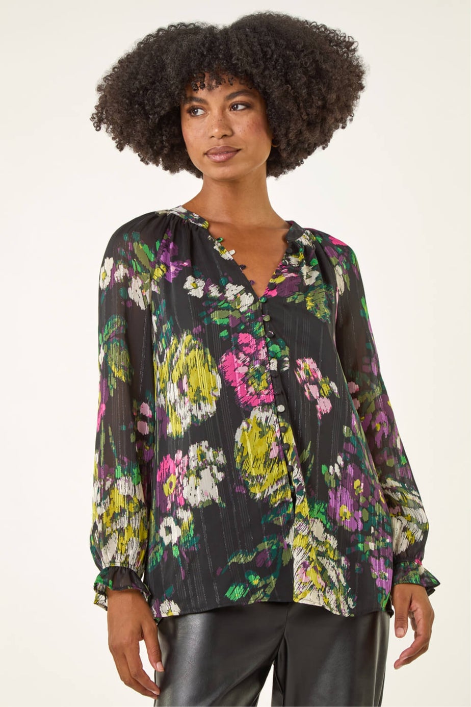 Roman Black Metallic Floral Print Blouse
