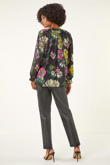 Roman Black Metallic Floral Print Blouse