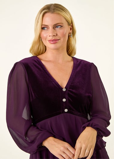 Roman Plum Petite Velvet Tiered Midi Stretch Dress