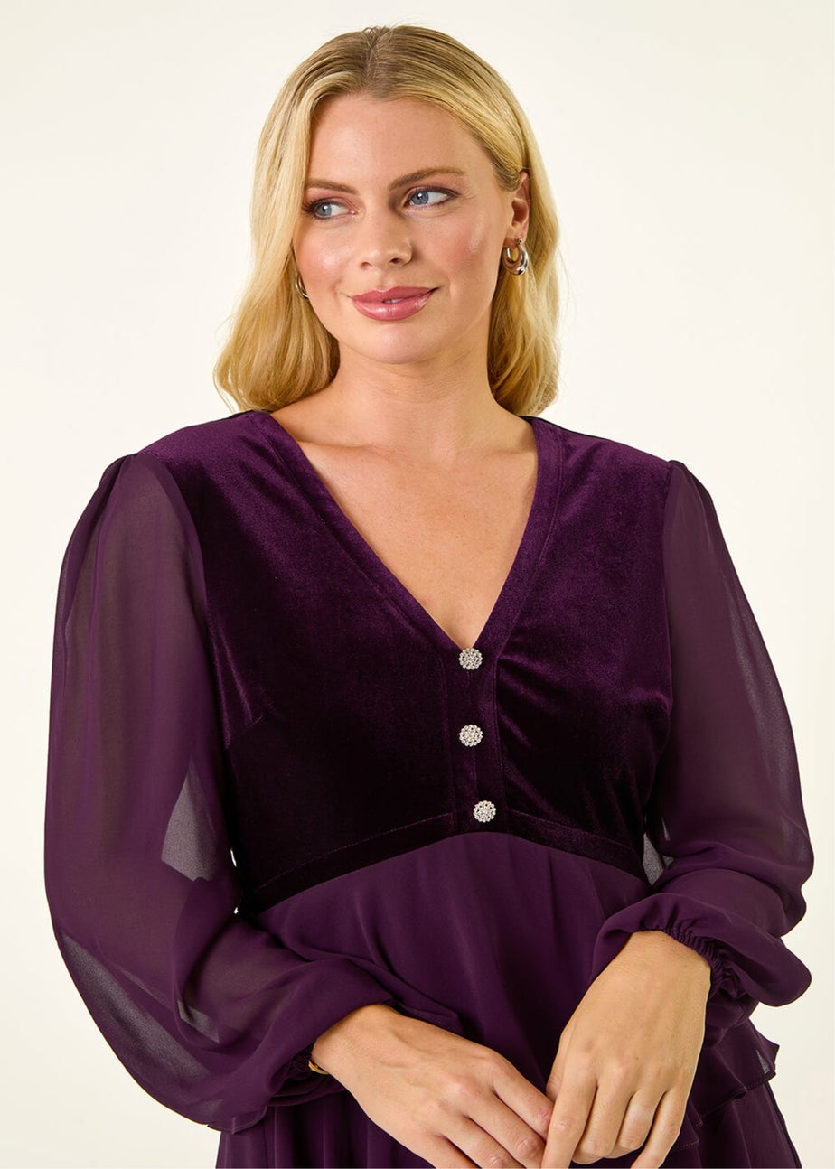 Roman Plum Petite Velvet Tiered Midi Stretch Dress