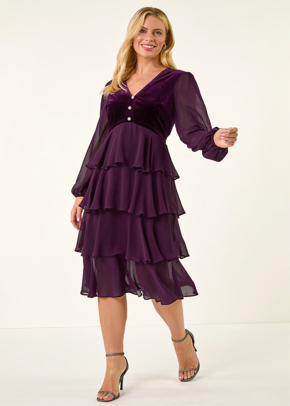 Roman Plum Petite Velvet Tiered Midi Stretch Dress