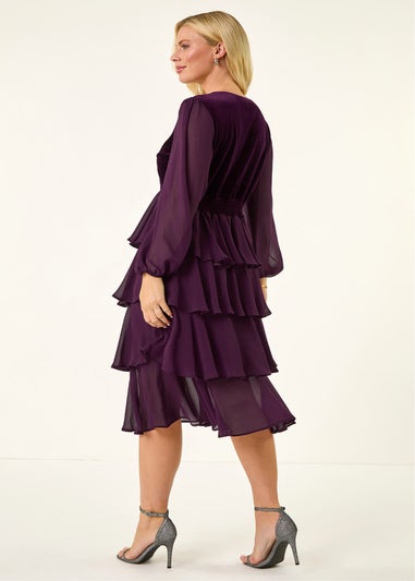 Roman Plum Petite Velvet Tiered Midi Stretch Dress