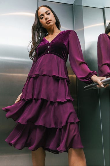 Roman Plum Petite Velvet Tiered Midi Stretch Dress
