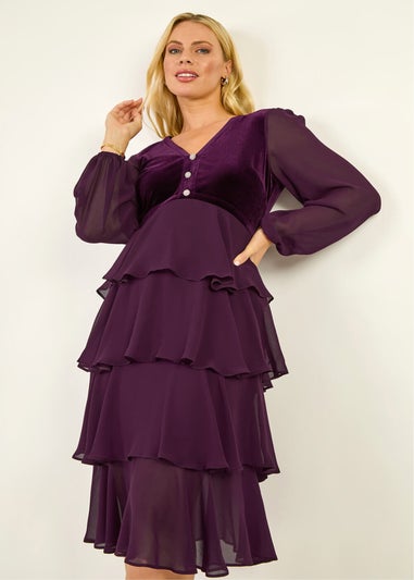 Roman Plum Petite Velvet Tiered Midi Stretch Dress