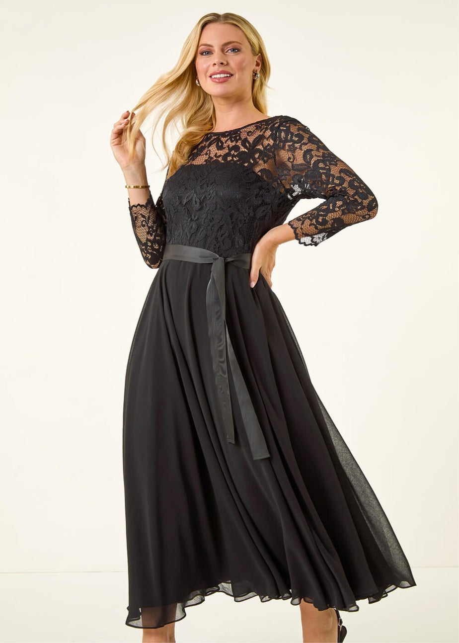 Roman Black Petite Lace Contrast Bodice Dress