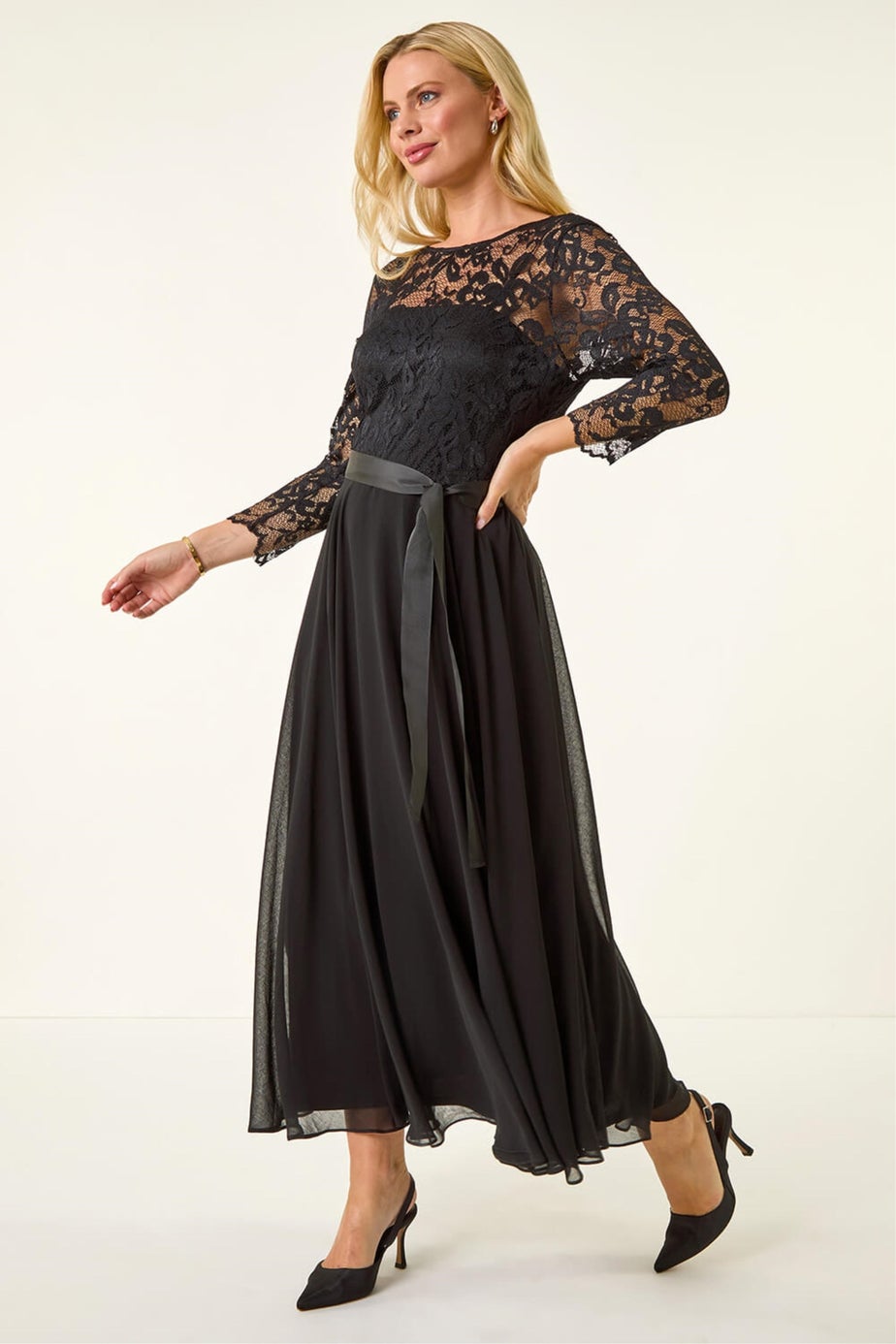 Roman Black Petite Lace Contrast Bodice Dress