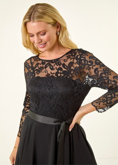 Roman Black Petite Lace Contrast Bodice Dress