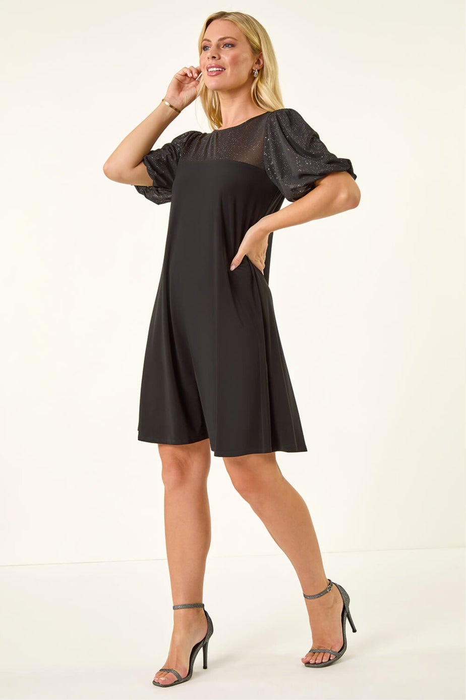 Roman Black Petite Sparkle Contrast Dress