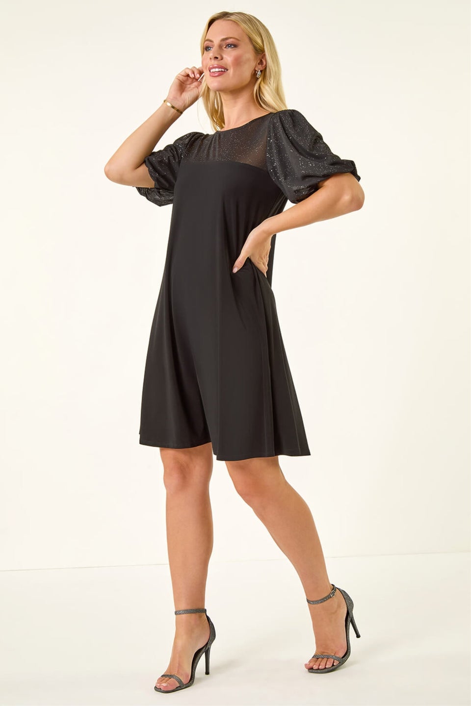 Roman Black Petite Sparkle Contrast Dress