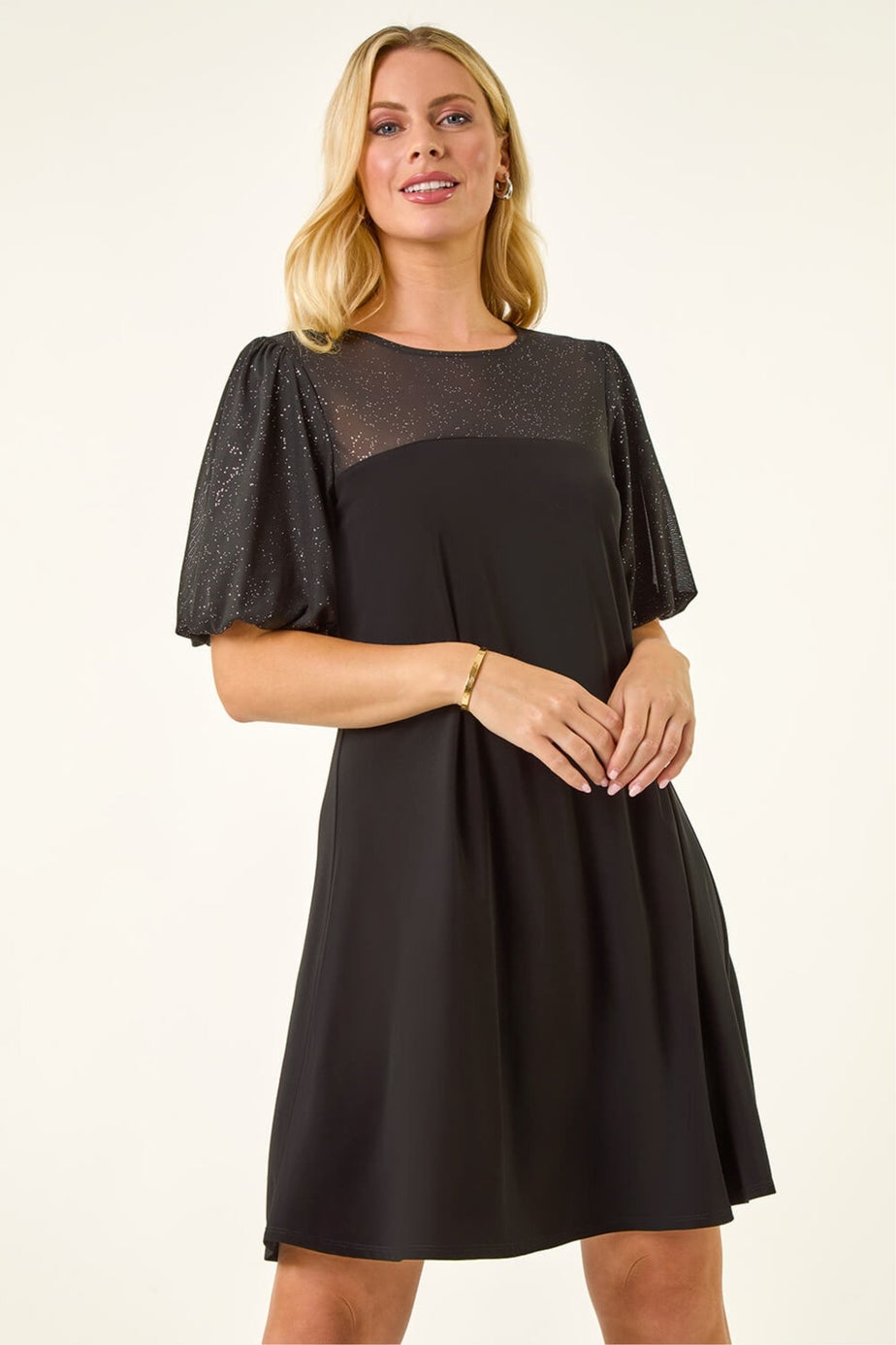 Roman Black Petite Sparkle Contrast Dress