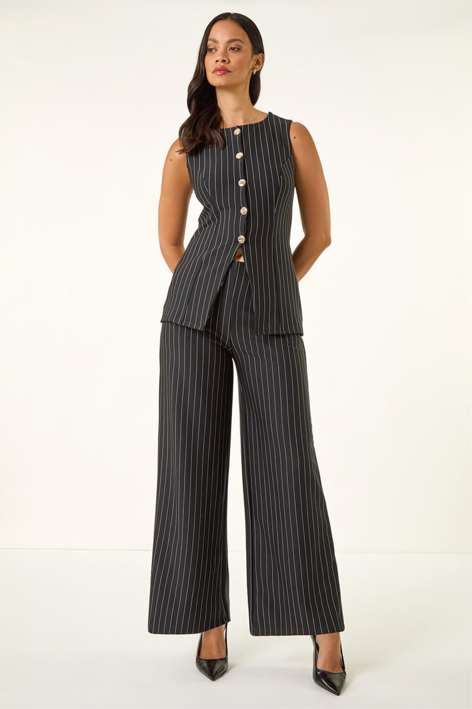 Dusk Black Pinstripe Wide Leg Stretch Trousers