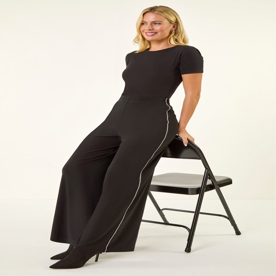 Roman Black Petite Side Trim Wide Leg Trouser