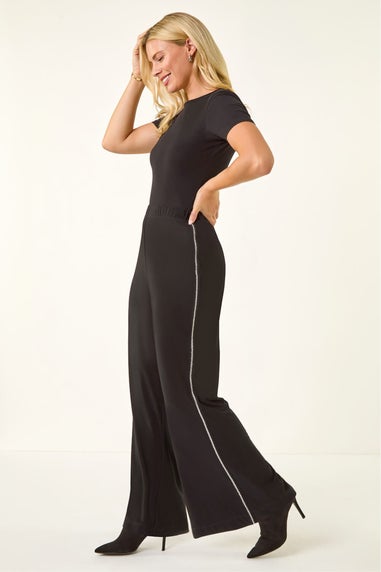 Roman Black Petite Side Trim Wide Leg Trouser