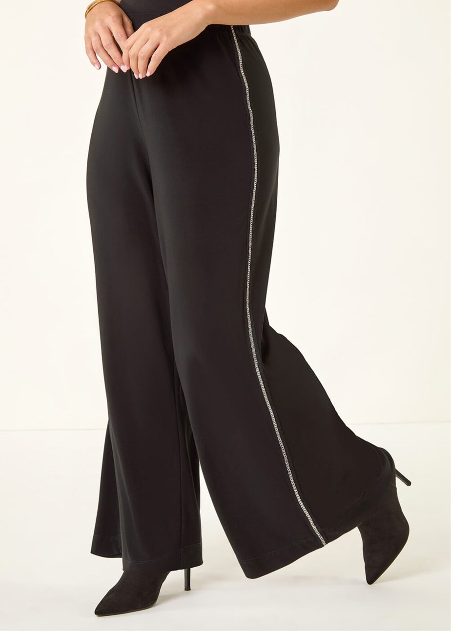 Roman Black Petite Side Trim Wide Leg Trouser