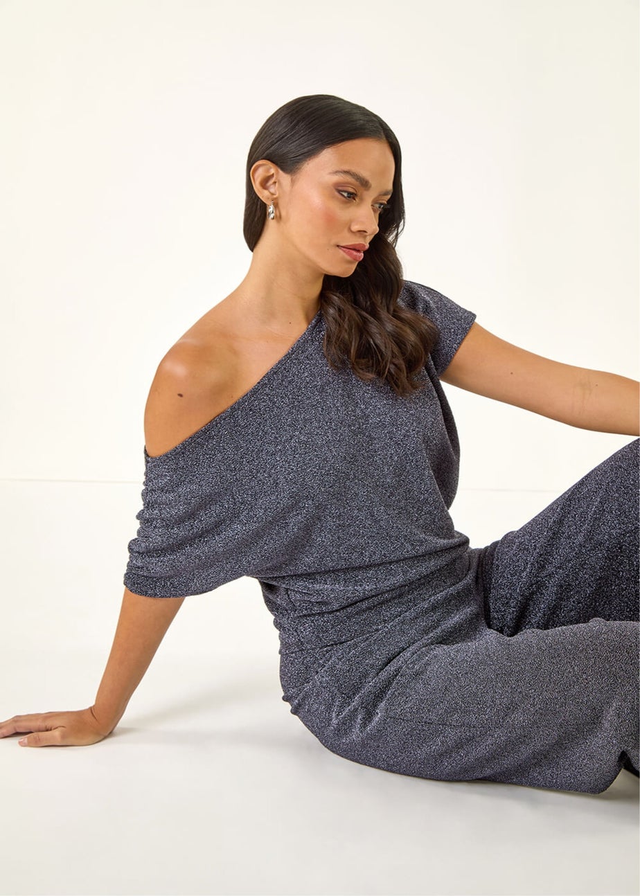 Dusk Navy Metallic Drape Side Top