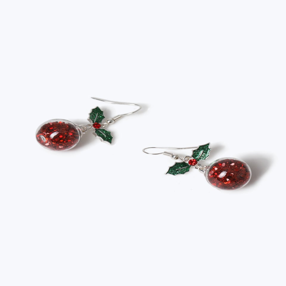 Muse Red Christmas Holly Ball Shaker Drop Earrings