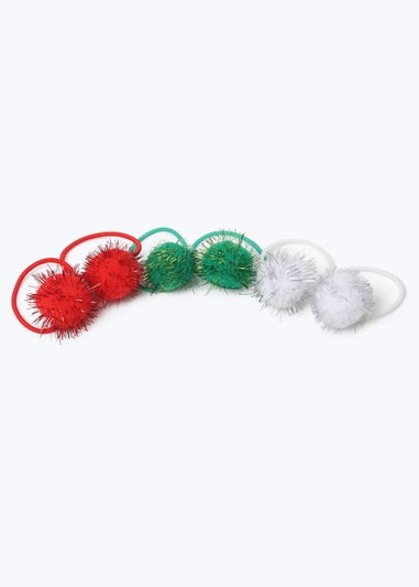 Muse 6 Pack Multi Colour Christmas Tinsel Pom Pom Hair Bobbles