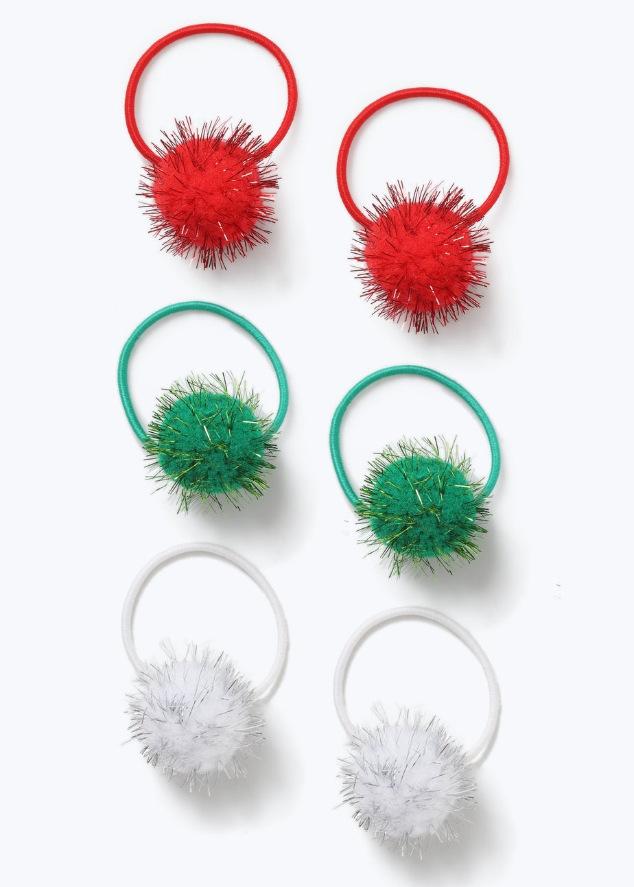 Muse 6 Pack Multi Colour Christmas Tinsel Pom Pom Hair Bobbles