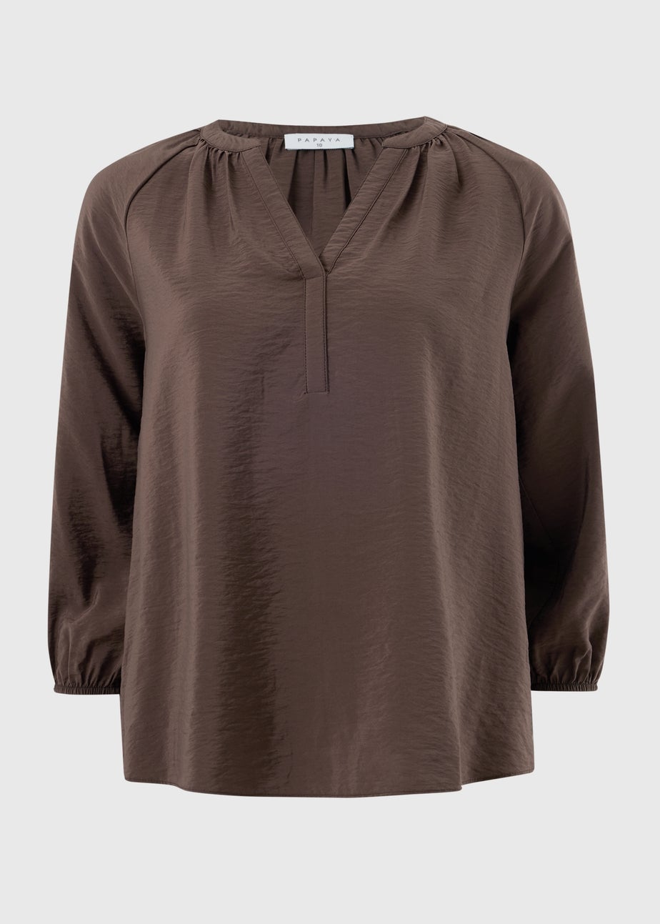 Chocolate Brown 3/4 Sleeve Popover Blouse