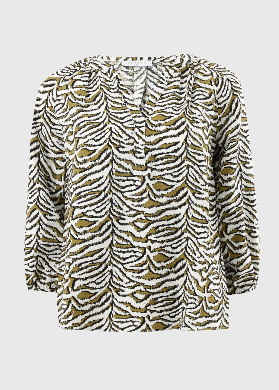 Khaki Zebra Print 3/4 Sleeve Popover Blouse