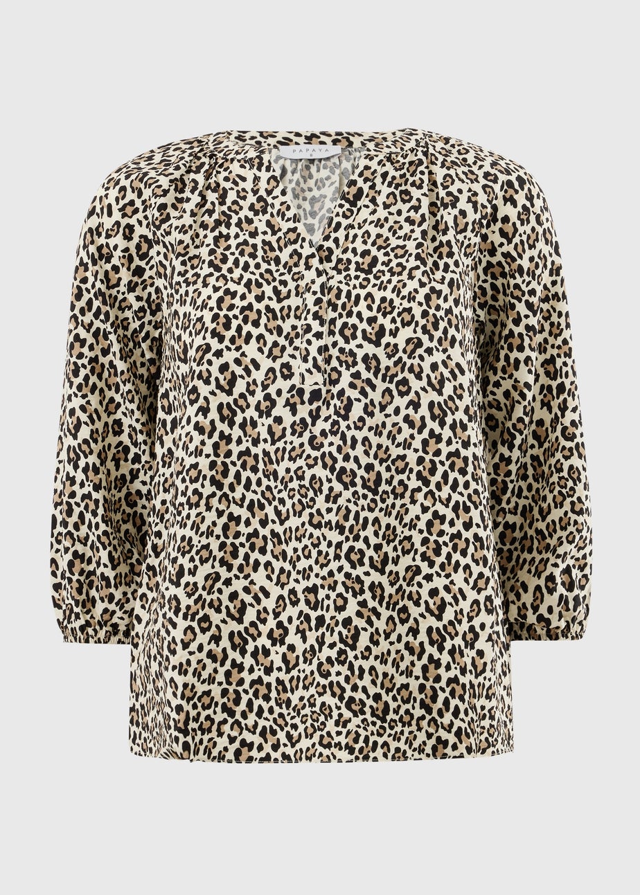 Brown Leopard Print 3/4 Sleeve Popover Blouse