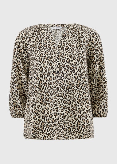 Brown Leopard Print 3/4 Sleeve Popover Blouse