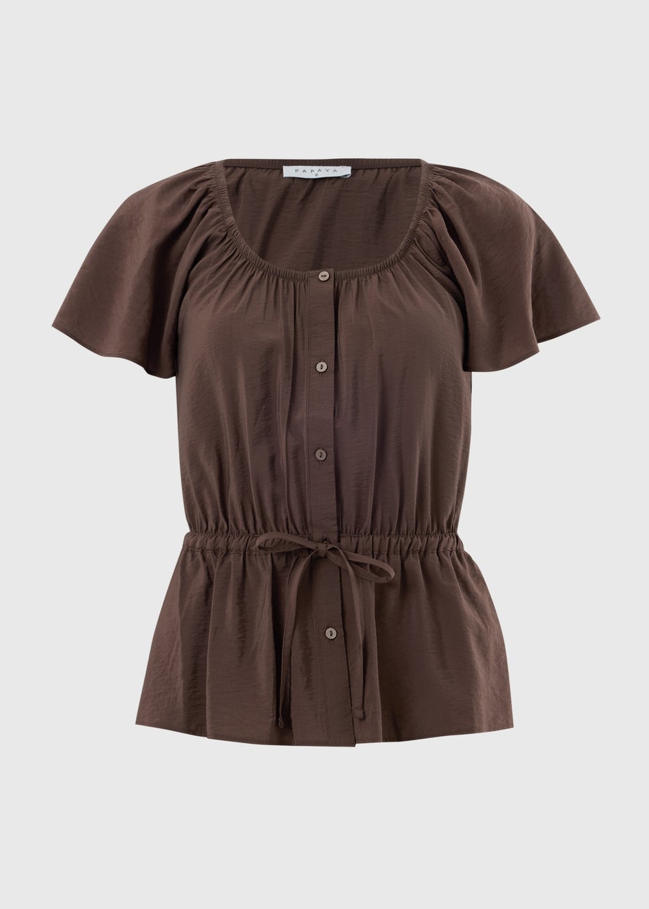 Chocolate Brown Angel Sleeve Tie Waist Shirt