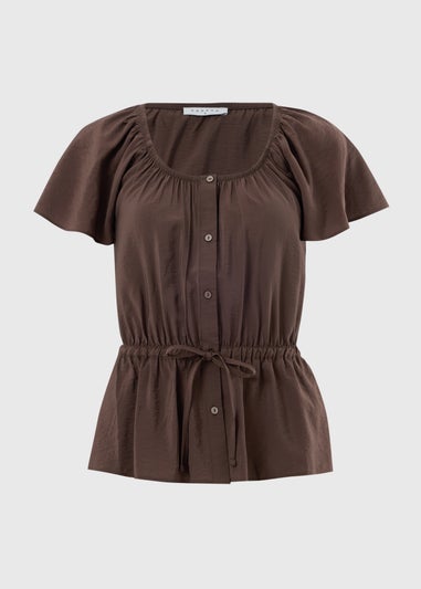 Chocolate Brown Angel Sleeve Tie Waist Shirt