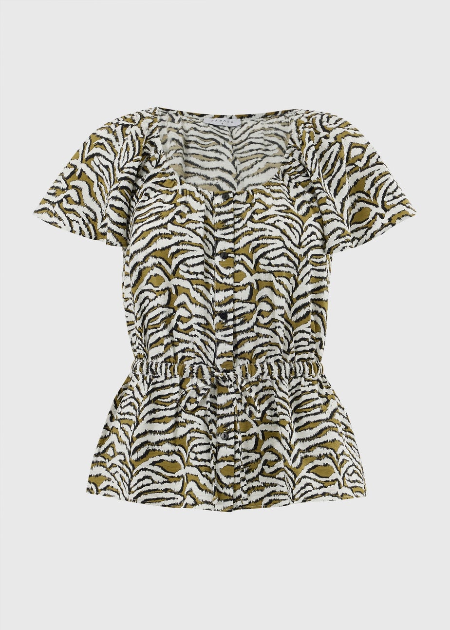 Khaki Zebra Print Angel Sleeve Tie Waist Shirt