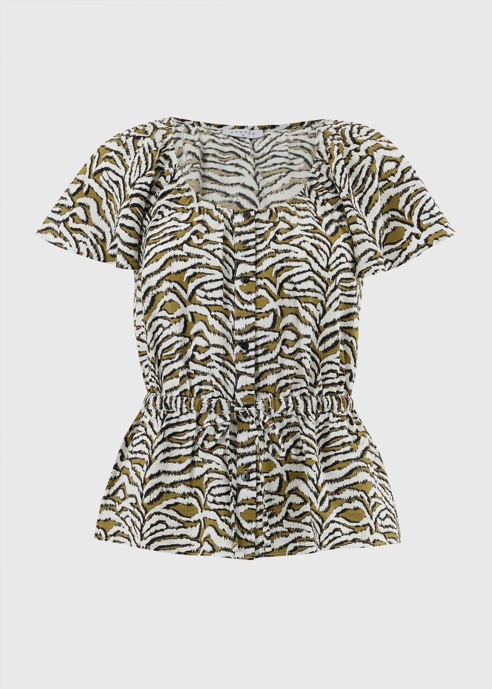Khaki Zebra Print Angel Sleeve Tie Waist Shirt