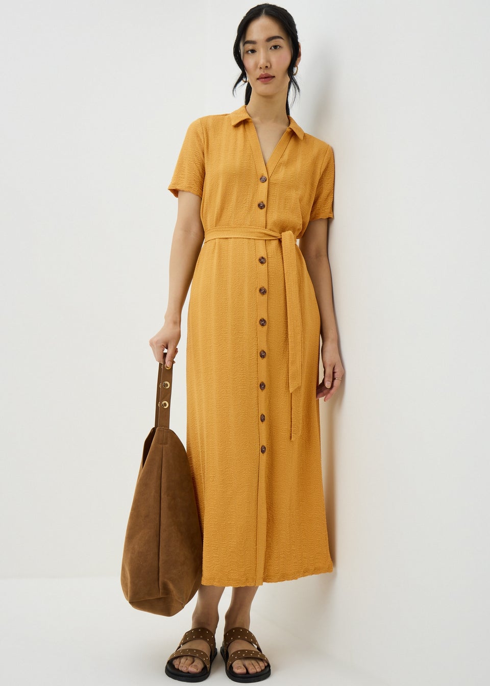 Yellow Textured Midaxi Shirt Dress