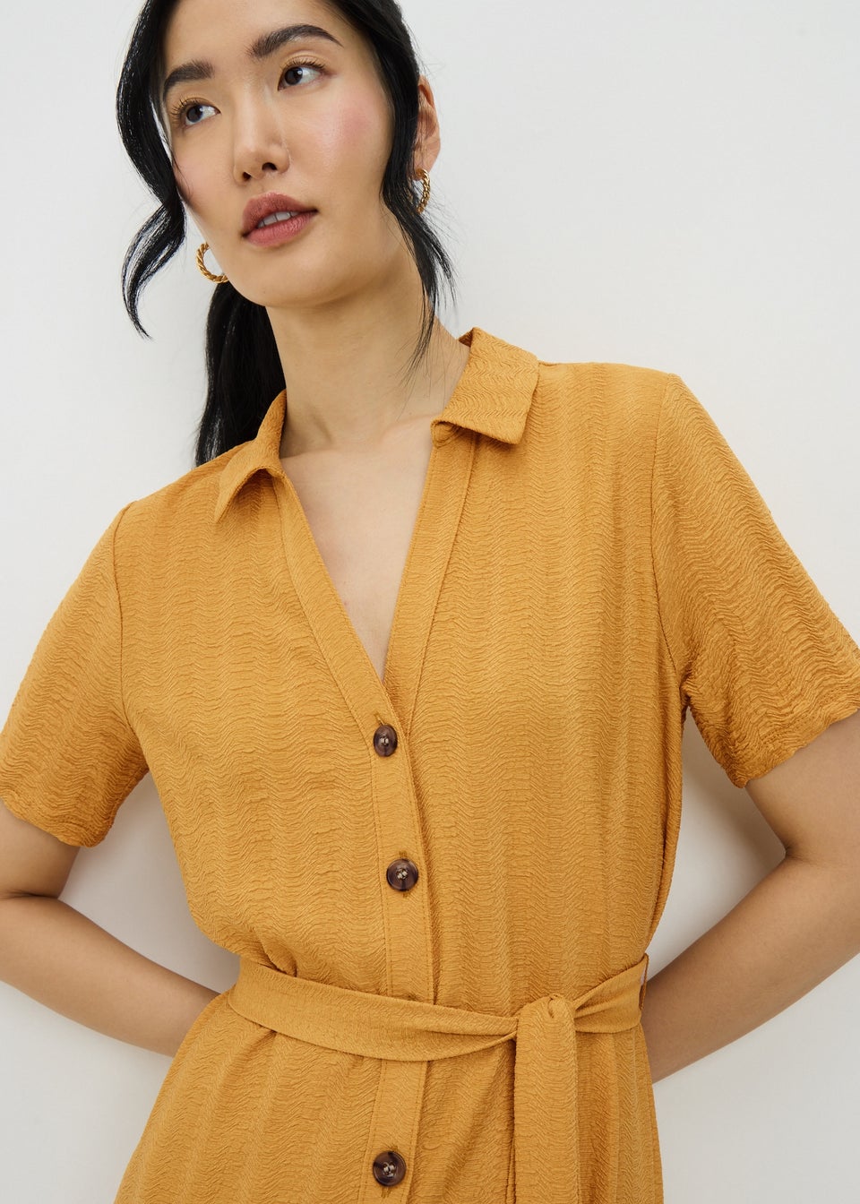 Yellow Textured Midaxi Shirt Dress