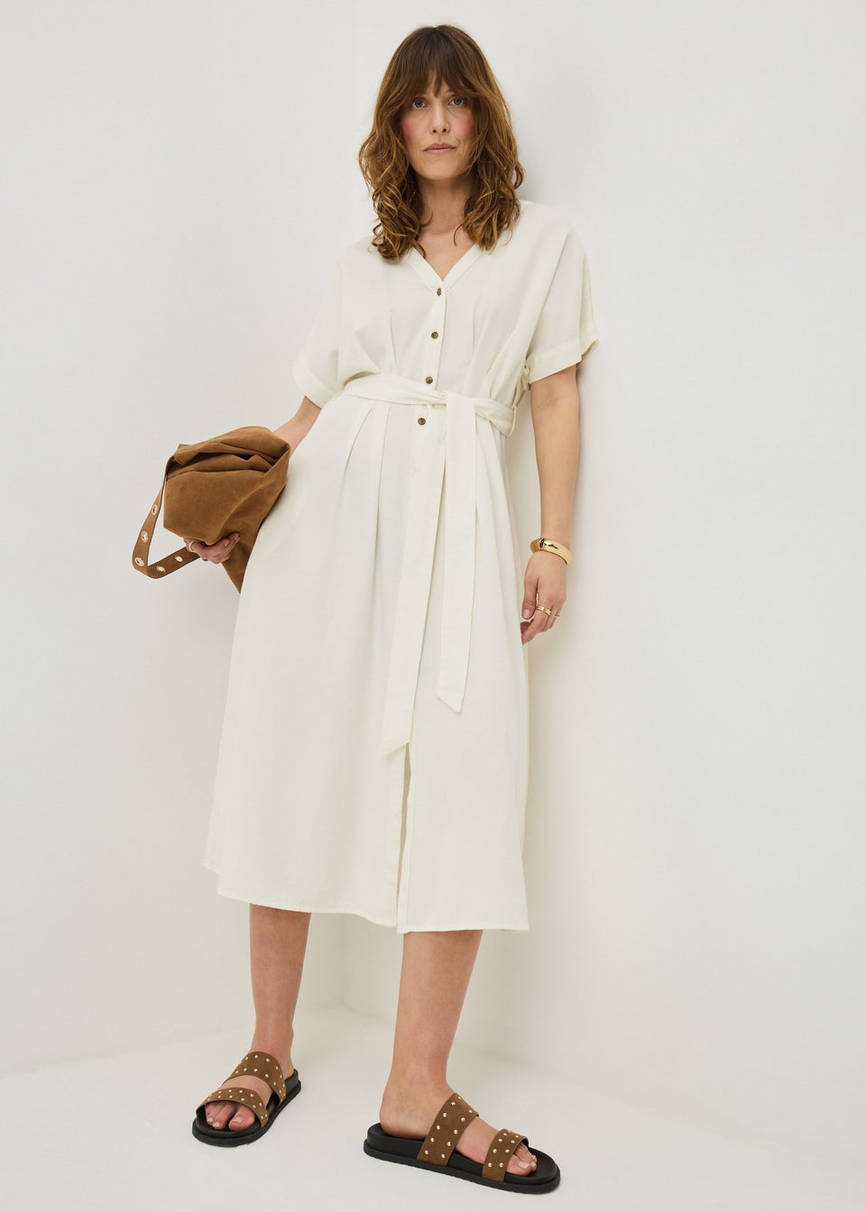 Ecru Denim Belted Shirt Midi Dress