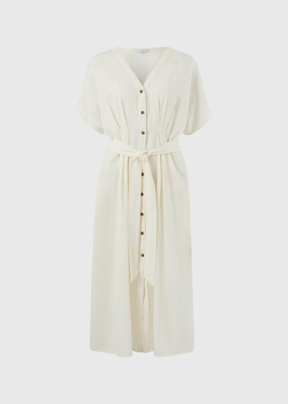 Ecru Denim Belted Shirt Midi Dress