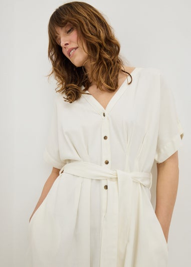 Ecru Denim Belted Shirt Midi Dress