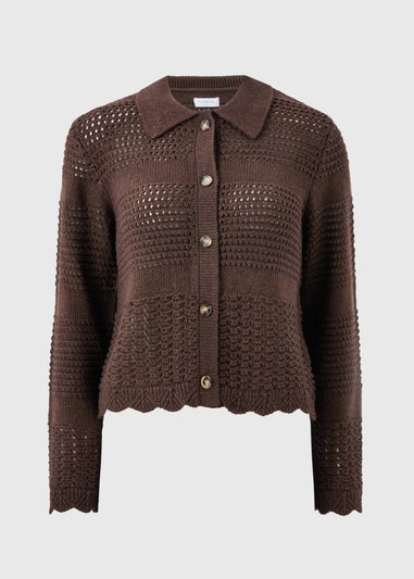Chocolate Brown Crochet Collar Cardigan