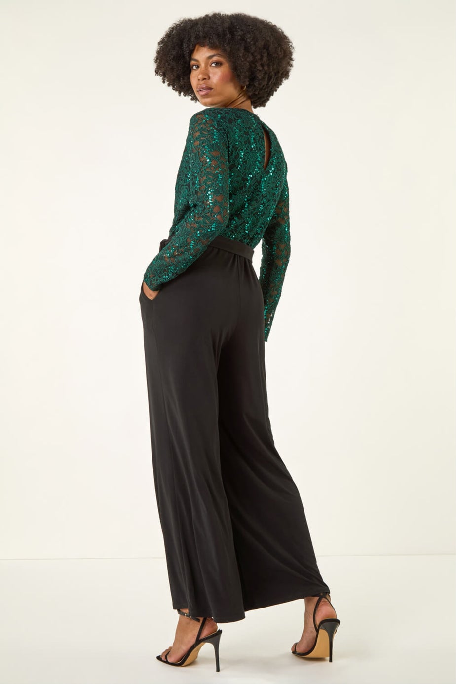 Roman Green Sequin Lace V-Neck Stretch Jumpsuit