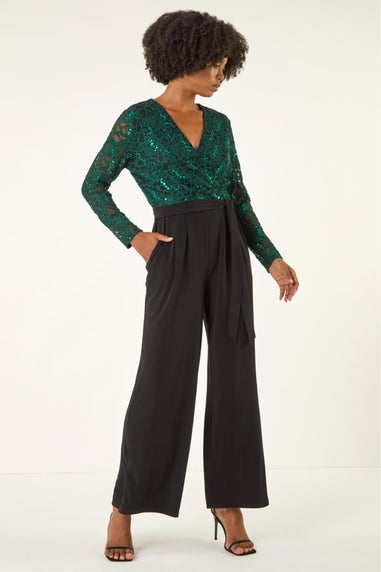Roman Green Sequin Lace V-Neck Stretch Jumpsuit