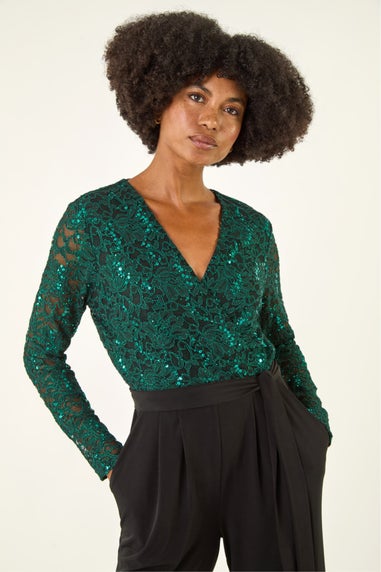 Roman Green Sequin Lace V-Neck Stretch Jumpsuit
