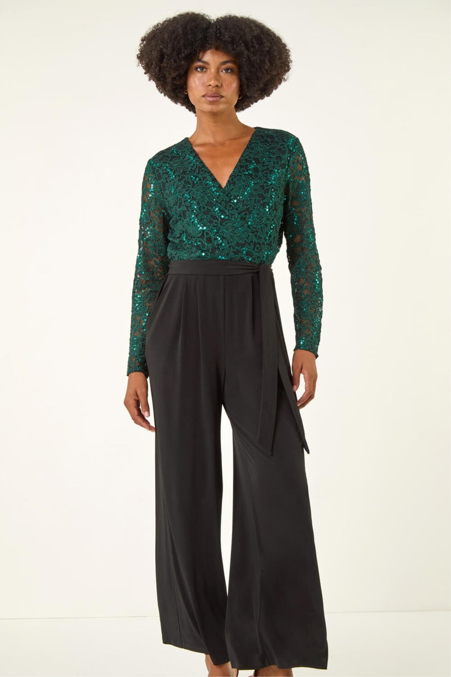 Roman Green Sequin Lace V-Neck Stretch Jumpsuit