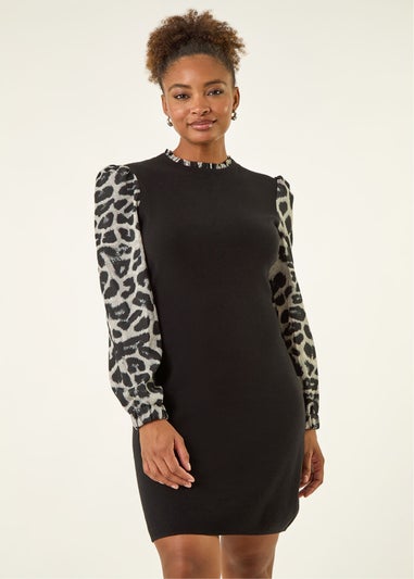 Roman Grey Animal Print Mix Frill Short Dress