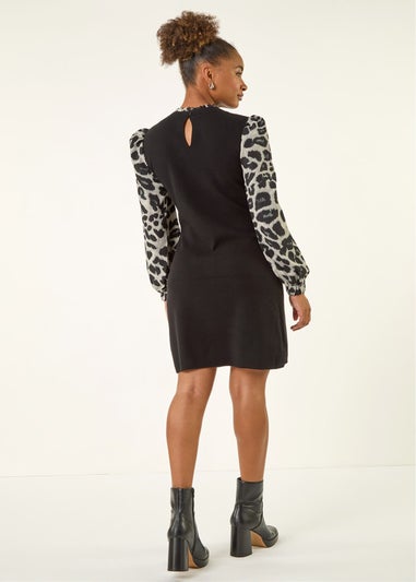 Roman Grey Animal Print Mix Frill Short Dress