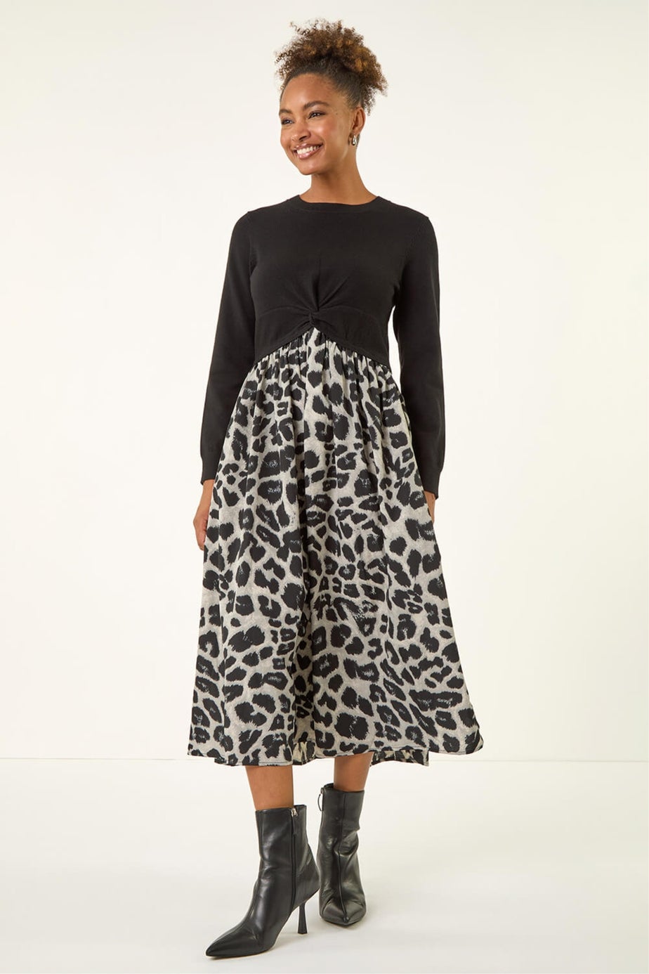 Roman Grey Animal Print Twist Front Midi Dress