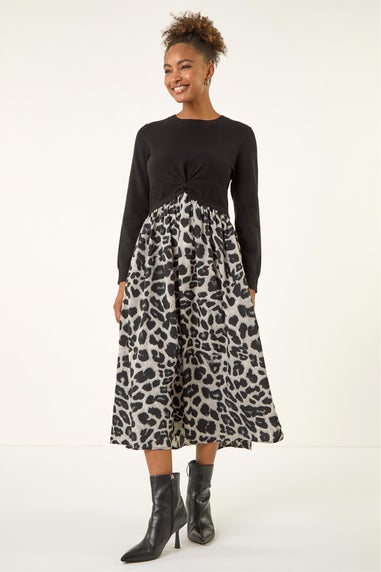 Roman Grey Animal Print Twist Front Midi Dress