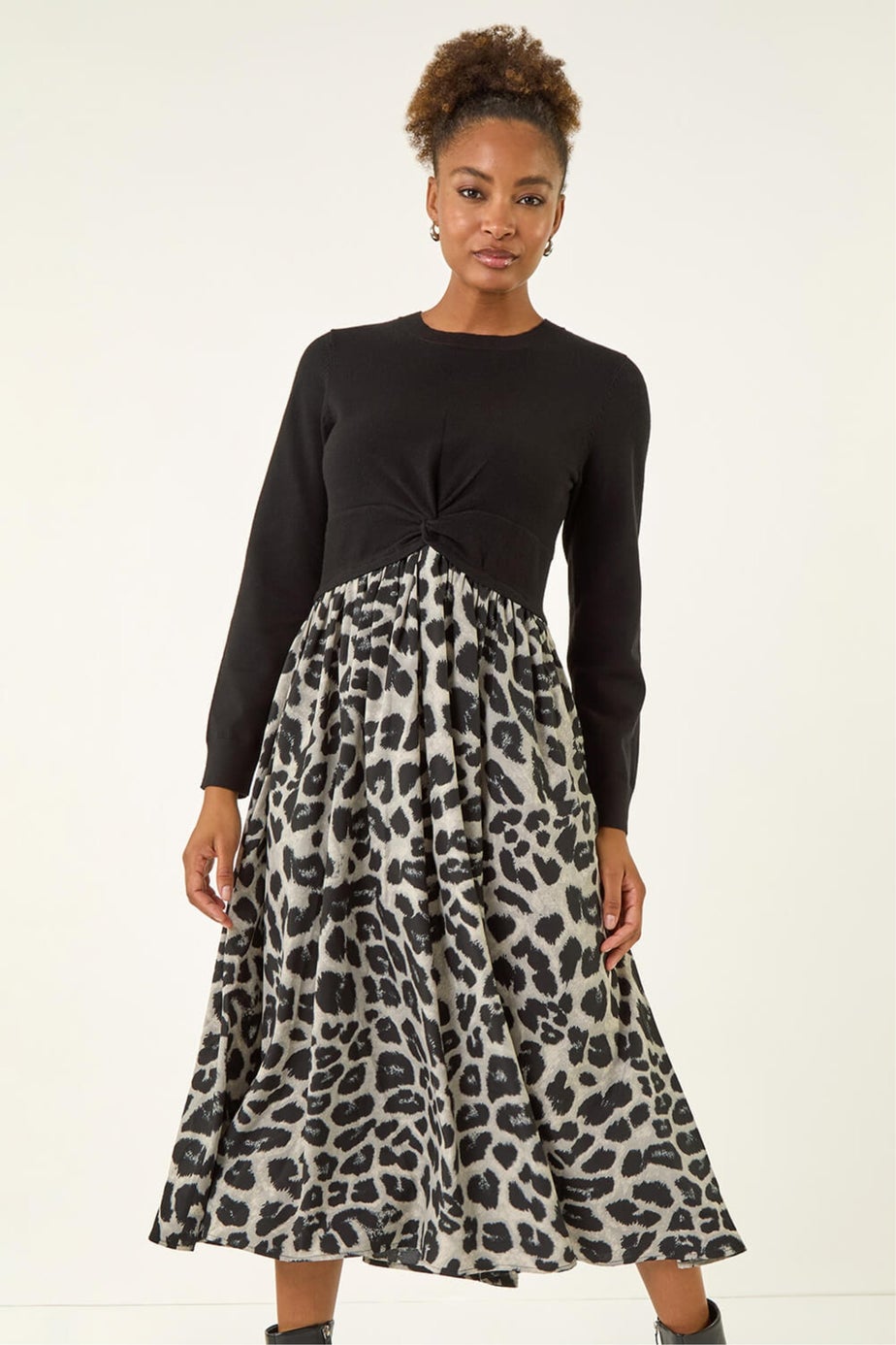 Roman Grey Animal Print Twist Front Midi Dress