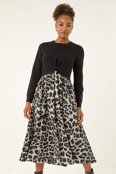 Roman Grey Animal Print Twist Front Midi Dress