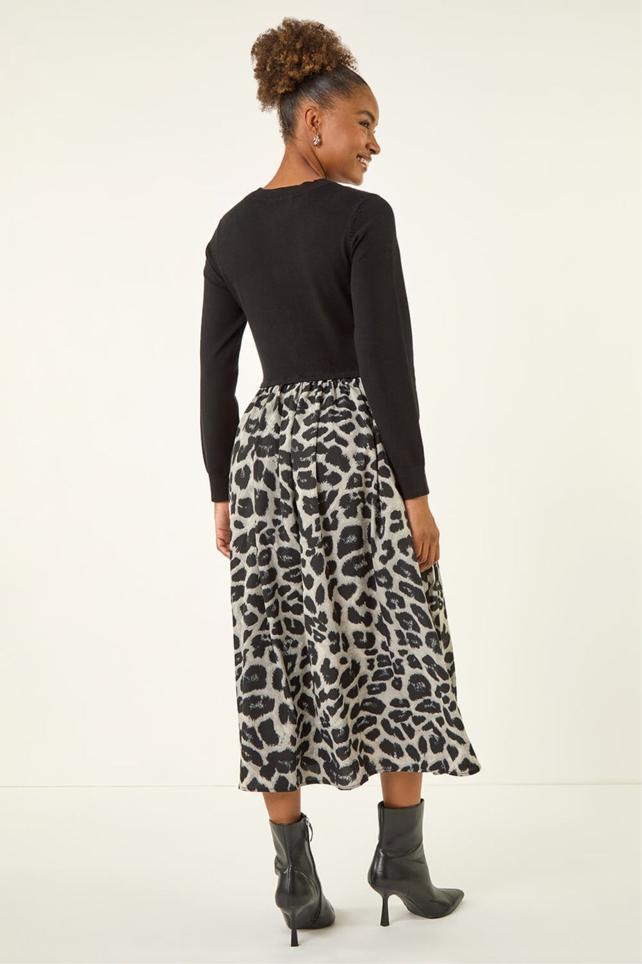 Roman Grey Animal Print Twist Front Midi Dress
