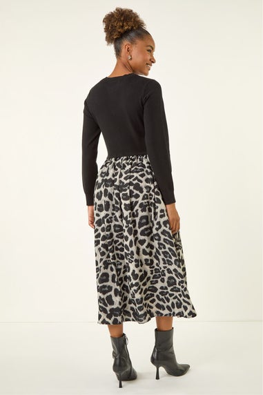 Roman Grey Animal Print Twist Front Midi Dress