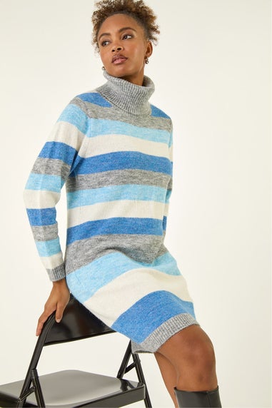 Roman Blue Stripe Cowl Neck Knit Dress