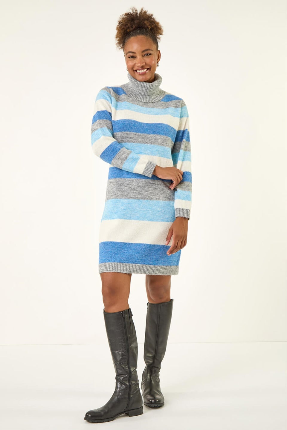 Roman Blue Stripe Cowl Neck Knit Dress